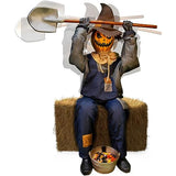 Haunted Hill Farm Motion-Activated Smiling Jack The Shovel-Wielding Sitting Scarecrow by Tekky, Talking Jump-Scare Halloween Animatronic, Plug-in or Battery Operated Halloween Decorations