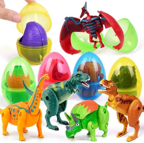 Easter Eggs Filled with Dinosaur Toys Jumbo Deformation Dinosaur Eggs Easter Egg Fillers Plastic Surprise Eggs Easter Basket Stuffers Easter Party Favors for Kids Boys Girls Toddlers 6 Pack