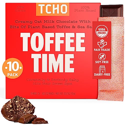 TCHO Toffee Time 53% Oat Milk Chocolate Bars (10 pack) | Plant Based, Organic & Fair Trade, | Non GMO, Non-Dairy, Vegan Chocolate, Soy Free (2.5oz each)