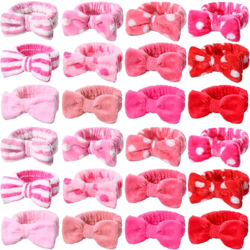 WILLBOND 24 Pack Spa Headband Bow Hairband Facial Makeup Women Face Wash Adjustable Skincare Headbands Flannel Towel Soft Head Wraps for Women Shower Washing Face(Cute Pattern)