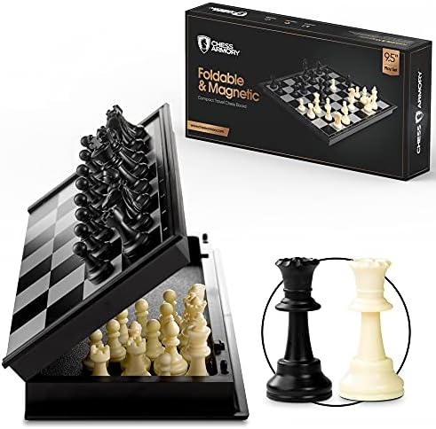 Chess Armory Magnetic 9.5 Inches Travel Chess Set - Folding Board with Storage Box & 2 Extra Queen.