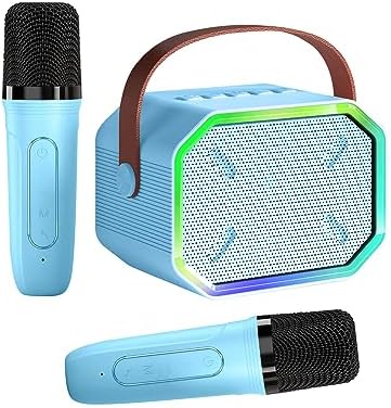 Karaoke Machine for Kids and Adults, Mini Portable Bluetooth Speaker with 2 Wireless Microphones, Led Lights for TV, Kids Gifts for Girls Boys Family Party Birthday (Blue)