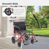 Drive Medical Bariatric Transport Chair FoldingOutdoorFull Length Arms with 12 Inches Rear Flat Free Wheels, Red, 22 Inches