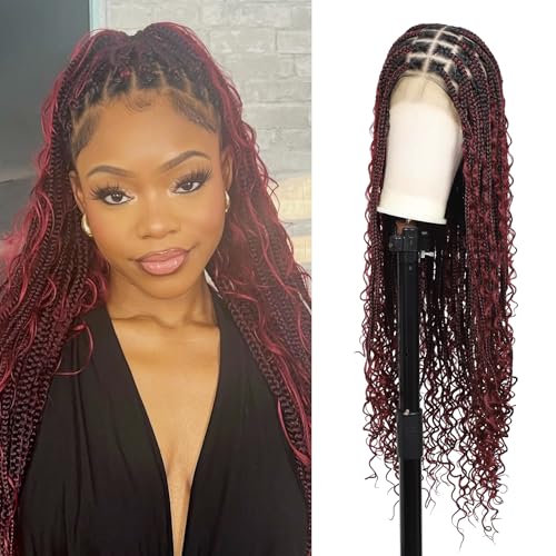 Brinbea 13x8 HD Lace Front Braided Wigs Box Braid Wig with Baby Hair Knotless Boho Braided Wigs for Women Long Burgundy Human Hair Blended Braids Wig 36 Inch
