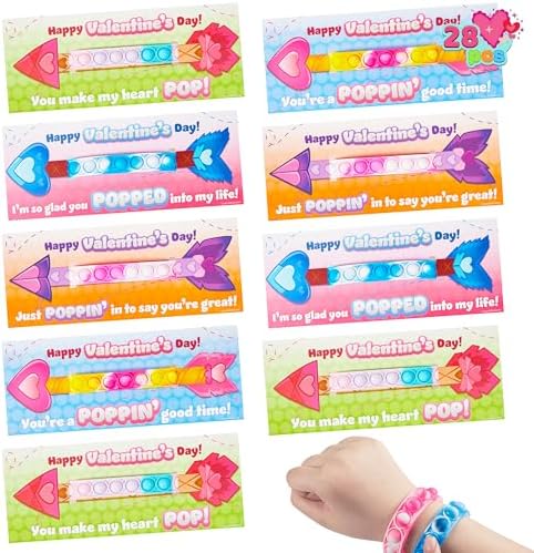 JOYIN 28 Packs Valentine's Day Cards with Pop Fidget Bracelet Pop Bubble Fidget Toy Bracelet Wristband Stress Relief Finger Press Toy for Kids Valentine's Classroom Exchange Prizes Party Favors