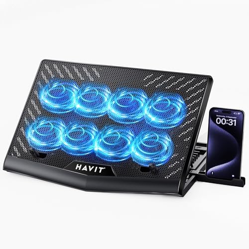 HAVIT Laptop Cooling Pad with 8 Cooling Fans, Laptop Cooler 6 Adjustable Heights for 12-15.6 Inch Laptops, Gaming Laptop Cooling Stand with a Phone Stand Two USB Ports