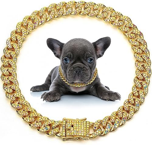 LEIFIDE Dog Chain Collar Diamond Link Dog Collar 12 mm Wide Dog Necklace Metal Cat Chain Pet Crystal Collar Jewelry Accessories for Small Medium Large Dogs Cats (Gold, AB Color, 12 Inch)
