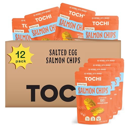 Tochi Norwegian Salmon Skin Chips - Healthy, Premium, Low Carb, Diabetic Friendly, Gluten free, High Protein, Omega-3’s & Collagen - similar to pork rinds, chicken skin chips - Salted Egg Flavor | 1.8 oz, 12 pack