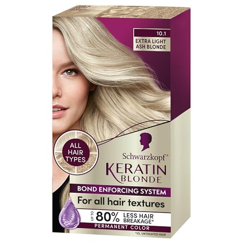 Schwarzkopf Keratin Color Permanent Hair Color, 10.1 Extra Light Ash Blonde, 1 Application-Salon Inspired Permanent Hair Dye, for up to 80% Less Breakage vs Untreated Hair and up to 100% Gray Coverage