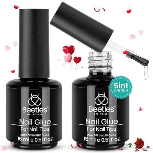 beetles Gel Polish 5 In 1 Nail Glue Kit for Acrylic Nails,2 Pcs 15ml Super Strong Brush in Nail Gel Glue for False Nails Tips and Gel Nail Polish Led Lamp Required Nail Art Gift