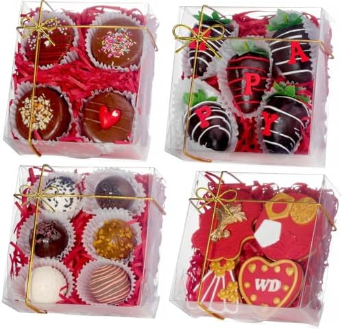 RomanticBaking 50PCS 5x5x2 Inches Full Clear Bakery Boxes Chocolate Covered Strawberries Boxes for 4 Mini Cake Boxes Cookies Macaron Boxes Pie Boxes Cakesickle Boxes