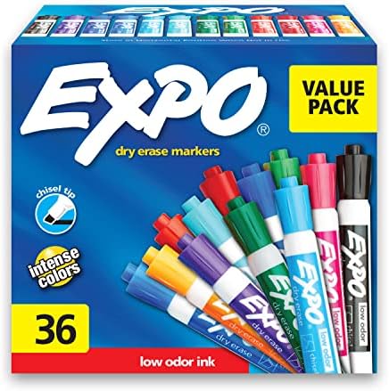 EXPO Low Odor Dry Erase Markers, Chisel Tip, Assorted Fashion Colors, 36 Count for Classroom, Office & Home Use