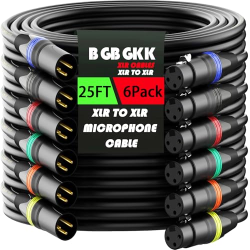 XLR Cables 25ft 6 Pack, Professional XLR Microphone Cable Male to Female, Gold-Plated 3-pin XLR Speaker Cable Balanced Mic Cable, XLR to XLR Cord, Multicolor