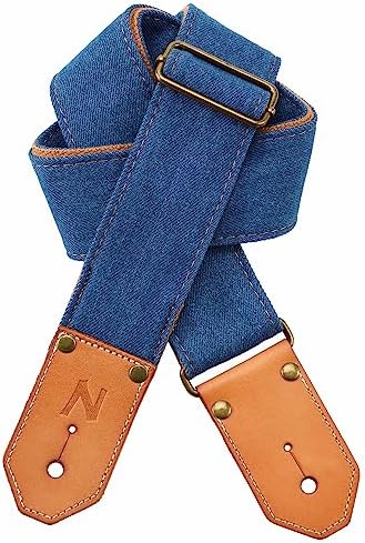 Nefelibata Guitar Strap, Blue Denim Western Guitar Straps with Thicked First Layer Vegetable Tanned Cowhide Leather Ends for Acoustic, Bass, Electric, Gift for Guitarists and Musicians