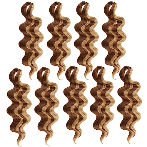 COOKOO 9 Packs Body Wave Braiding Hair 14 Inch Pre Feathered Mix Blond and Brown Bouncy Braiding Hair French Curl Wavy Braids Ocean Deap Twist Synthetic Hair for Boho Box Braids(27M30#)