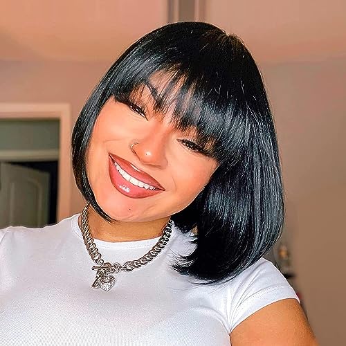 ToyoTress Black Bob Wigs With Bangs - 14 Inch Shoulder Length Light Yaki Straight Hair Daily Costume Wig For Black Women, Synthetic Hair Replacement Wigs Heat Resistant (14 Inch, 1B)