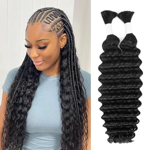 24 Inch Deep Wave Human Braiding Hair for Boho Braids Curly Human Hair Braiding Hair Wet and Wavy Unprocessed Virgin Boho Hair for Braiding Natural Color 2 Bundles/Pack (Total 100G)