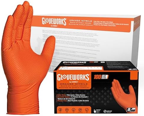 GLOVEWORKS HD Orange Nitrile Gloves, 8 mil Nitrile Disposable Gloves with Raised Diamond Texture, Mechanic Gloves Disposable