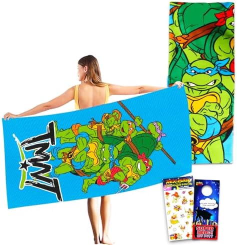 Teenage Mutant Ninja Turtles Beach Towel Set - Bundle with TMNT Microfiber Pool Towel Plus Stickers and More (TMNT Beach Towel for Kids and Adults)