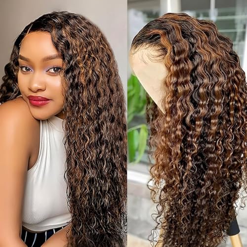 13x6 Highlight Ombre Lace Front Wig Human Hair Wigs For Women 180% Density 1B/30 HD Deep Wave Lace Frontal Wigs Curly Highlight Brown Wig Human Hair Pre Plucked With Baby Hair Colored (38 Inch)