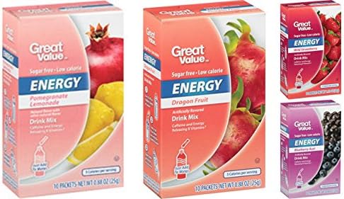 Great Value Energy Drink Mix Variety Bundle, 0.88-1.13 oz box with 10 Drink Packets (Pack of 4) includes 1-Box Blueberry Acai + 1-Box Wild Strawberry + 1-Box Dragon Fruit + 1-Box Pomegranate Lemonade
