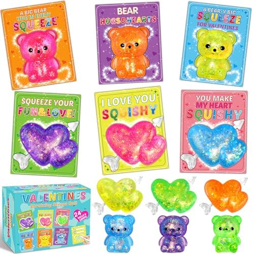 24 Pack Valentines Day Cards For Kids with Stretchy Balls Toys, Valentines Day Cards for Kids School, Kids Classroom Valentines Exchange Gifts, Valentines Party Favors For Kids