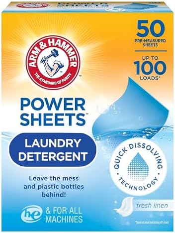 Arm & Hammer Power Sheets Laundry Detergent, Fresh Linen 50ct, up to 100 Small Loads (Packaging may vary)