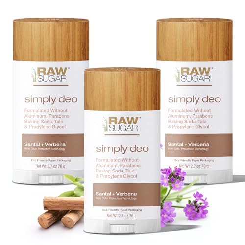 RAW SUGAR Aluminum Free Deodorant Stick, Simply Deo Bundle (Pack of 3) Whole Body Deodorant for Women & Men, Clean Formulated without Baking Soda, Talc & Parabens, Santal + Verbena Scent