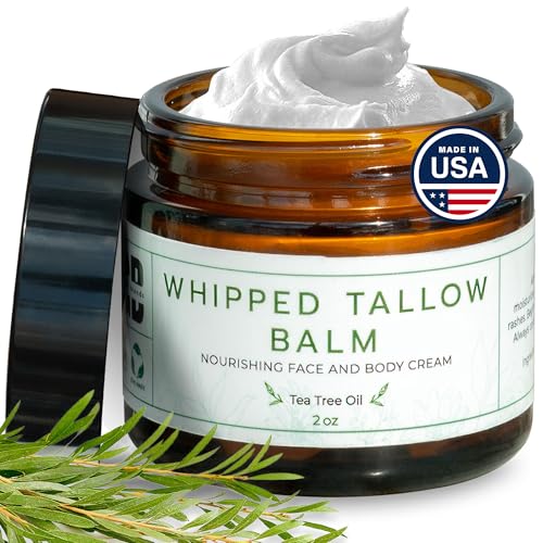 Whipped Tallow Balm (Tea Tree), Organic Body Butter Cream, Grass Fed Beef Tallow for Skin Moisturizer, All Natural Lotion, 2 oz