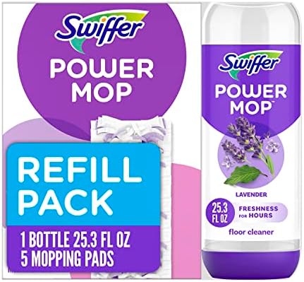 Swiffer Power Mop Refill Pack, Floor Cleaner for Mopping Tile, Vinyl, Laminate, Wood in Home, Bathroom, Kitchen, All Purpose Multi-Surface Cleaning, 5 Pads + 1 Lavender Solution