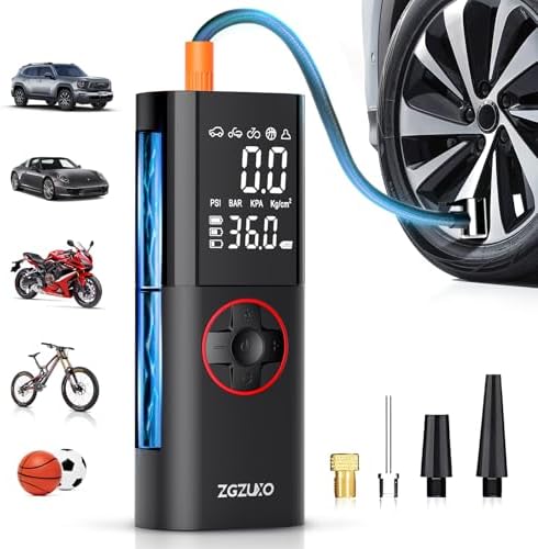 Tire Inflator Portable Air Compressor, Rechargeable Air Pump for Car Tires, 150PSI Portable Tire Inflator, Cordless Bike Pump with Pressure Gauge, LCD Dual Screen, for Motorcycles, Balls and More