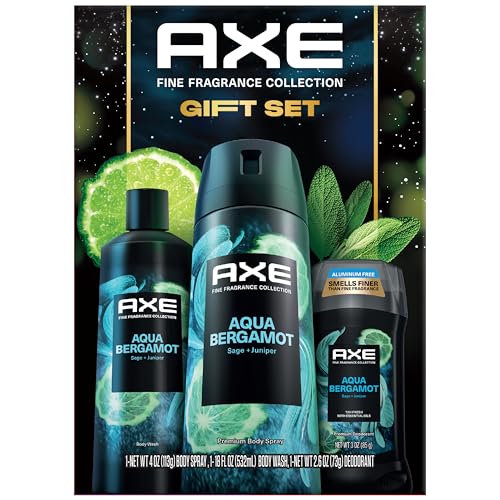 AXE Aqua Bergamot Gift Set for Men – Men’s Body Wash, Body Spray & Deodorant, Fine Fragrances Collection, Sage & Juniper (3 Piece Set)