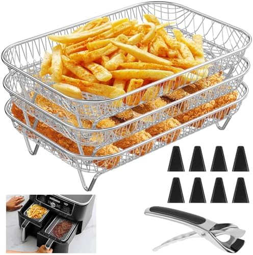 Air Fryer Rack Accessories for Ninja Basket, 3 Layers, 304 Stainless Steel Stackable Bacon Air Fryer Accessories for Ninja AF300UK, Salter/Instant/EMtronics Double Drawer, with Clip