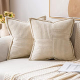 MIULEE Corduroy Pillow Covers with Splicing Set of 2 Super Soft Boho Striped Christmas Pillow Covers Broadside Decorative Textured Throw Pillows for Couch Cushion Livingroom 26x26 inch, Beige