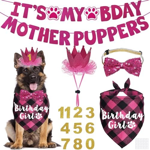 Dog Birthday Decorations, Multi Sizes Dog Birthday Bandana Girl Dog Birthday Hat Crown Bow Tie Birthday Numbers It’s My Bday Mother Puppers Sign Banner for Large Extra Large Dogs (Pink, X-Large)