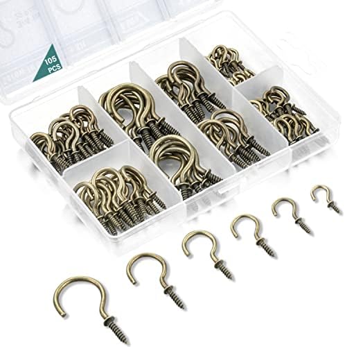 105 Pcs Screw Hooks, 6 Sizes Bronze Cup Hooks, Screw Hooks for Hanging, Metal Cup Hooks Screw in (1/2", 5/8", 3/4", 7/8", 1'', 1-1/4")
