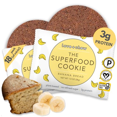 Love + Chew Soft Baked Protein Cookies, Gluten Free | (18) Count Banana Bread Minis | Vegan, Paleo, Non GMO and Packed with Superfoods. - Individually Wrapped, and Made from High Protein Almonds - (1) Ounce Cookies