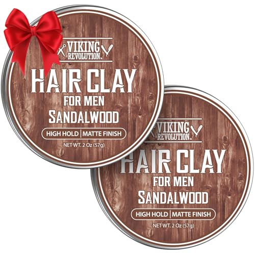 Viking Revolution Sandalwood Hair Clay – Strong Hold & Matte Finish, Texturizing Hair Clay for Men – Beeswax, Jojoba Wax & Vitamin E – Effortless Styling with Sandalwood Scent (2 pack, 2oz each)
