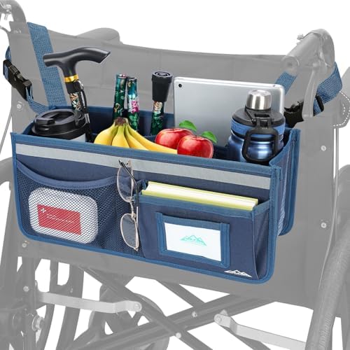 supregear Wheelchair Basket for Back, Large Capacity Wheelchair Backpack Organizer Bag with Multiple Pockets and Cup Holder, Waterproof Storage Pouch for Seniors, Dark Blue
