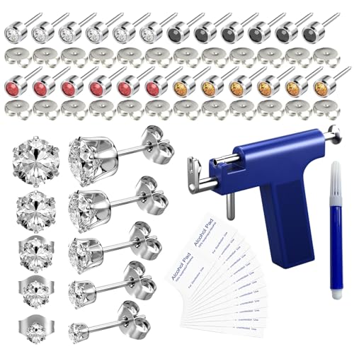 Ear piercing gun kit Reusable professional ear piercing gun kit, 24 surgical grade anti-sensitive piercing earrings, 10 cubic zirconia fashion earrings, 24 alcohol cotton sheets (silver)