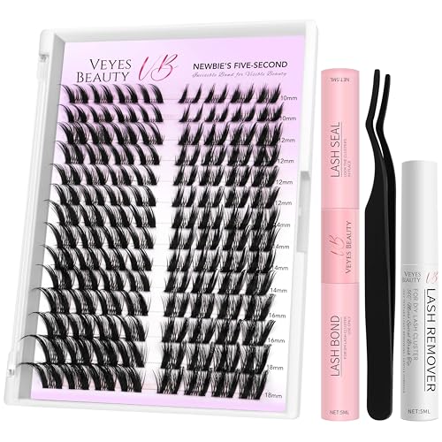 VEYESBEAUTY Lash Clusters Kit Eyelash Extensions Thin & Invisible Band DIY Individual False Eyelashes Newbie's Five-Second Series Lash Tray for Self Use at Home, Velvet Wing 10-18mm Mixed Length