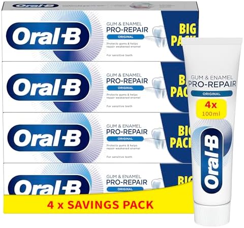 Oral-B Pasta de Dientes, Encías y Esmalte Pro-Repair, Blanqueante (Pack de 4 x 100ml), Protege las Encías y Los Dientes Sensibles
