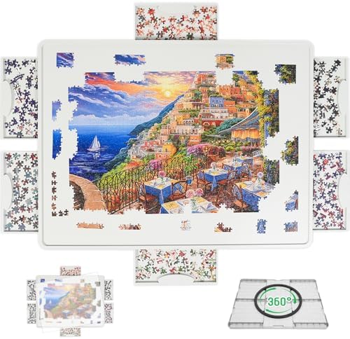 Rotating Puzzle Board for 1500 Pieces with 6 Sliding Drawers and Cover – 360° Lazy Susan Spinning, 26"x35" Portable Plastic Puzzle Table, Christmas Gift for Mom Jigsaw Puzzle Enthusiasts