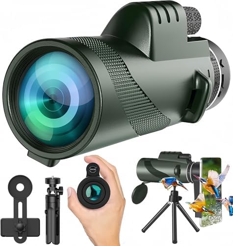 80X100-Monocular-Telescope High Definition with Smartphone Holder & Tripod, High Power Monoculars for Adults with Zoom Focus, Compact Monocular for Wildlife Bird Watching Hunting, Green-e