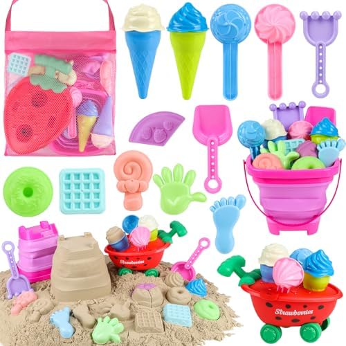 Collapsible Beach Toys Sand Toys Set for Toddlers Kids, Travel Beach Toys with Bucket and Shovel, Ice Cream, Strawberry Cart, Sandbox Toys Molds for Girls and Boys Ages 1 2 3 4 5 6 7 8