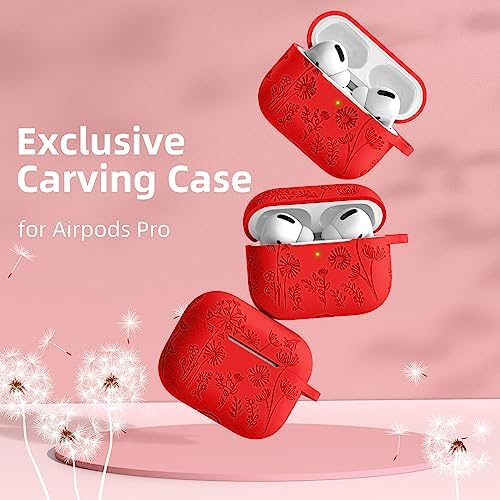 Lerobo Flower Engraved Cover Compatible with Airpod Pro Case Funny, Soft Silicone Protective Case for Airpods Pro 2nd 1st Generation Case USB C, Cute, Skin Frienfly, Front LED Visible, Red