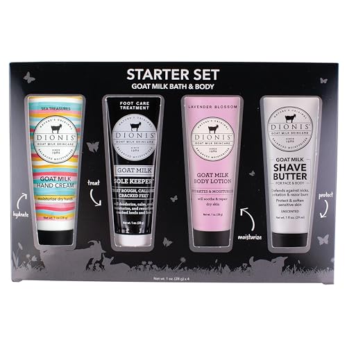 Dionis Goat Milk Skincare Bath & Body Starter Set - Assorted 1oz Scented Travel Size Hand Cream, Foot Cream, Body Lotion, Shave Butter In a Gift Box - Mini Self Care Gifts, Cruelty Free For Dry Skin