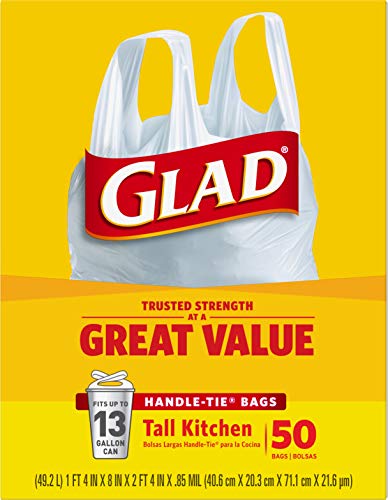 Glad Trash Bags, Tall Kitchen Handle-Tie Garbage Bags - 13 Gallon White Trash Bag - 50 Count (Package May Vary)