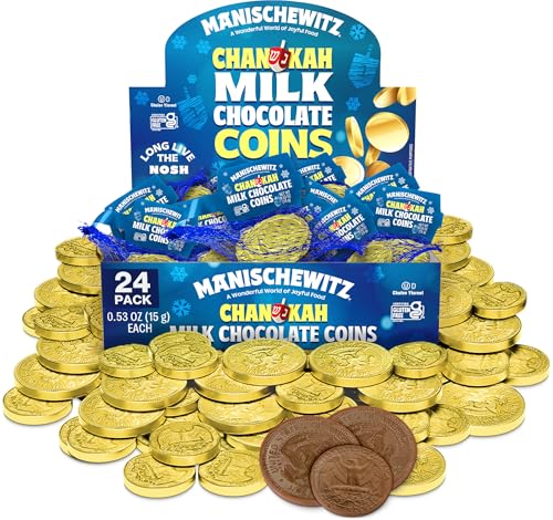 Manischewitz Milk Chocolate Gold Coins, Hanukkah Gelt (24 Mesh Bags) Individually Wrapped Chanukah Coins | St. Patrick’s Day Chocolate Coins | Gluten Free | Kosher (Cholov Yisroel) | Holiday Coins | Assorted Sizes