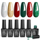 Beetles Christmas Gel Nail Polish, Red Sparkle Green Glitter Gold Silver Winter Gel Polish Dark Green Dark Red Gel Polish Kits Soak Off Nail Lamp Uv LED Cured for Nail Art Design for Women